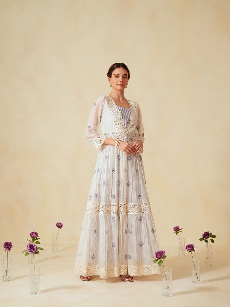 LAVENDER AND OFF-WHITE COTTON CHANDERI V-NECK TIERED LONG DRESS