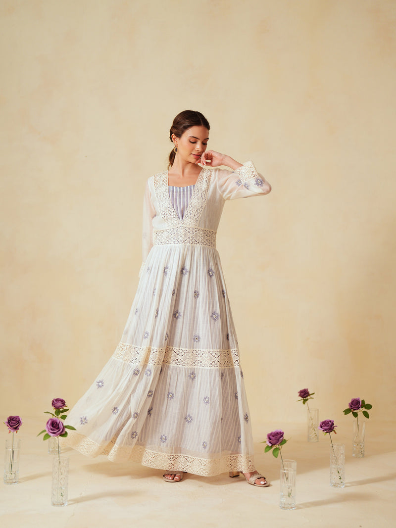 LAVENDER AND OFF-WHITE COTTON CHANDERI V-NECK TIERED LONG DRESS