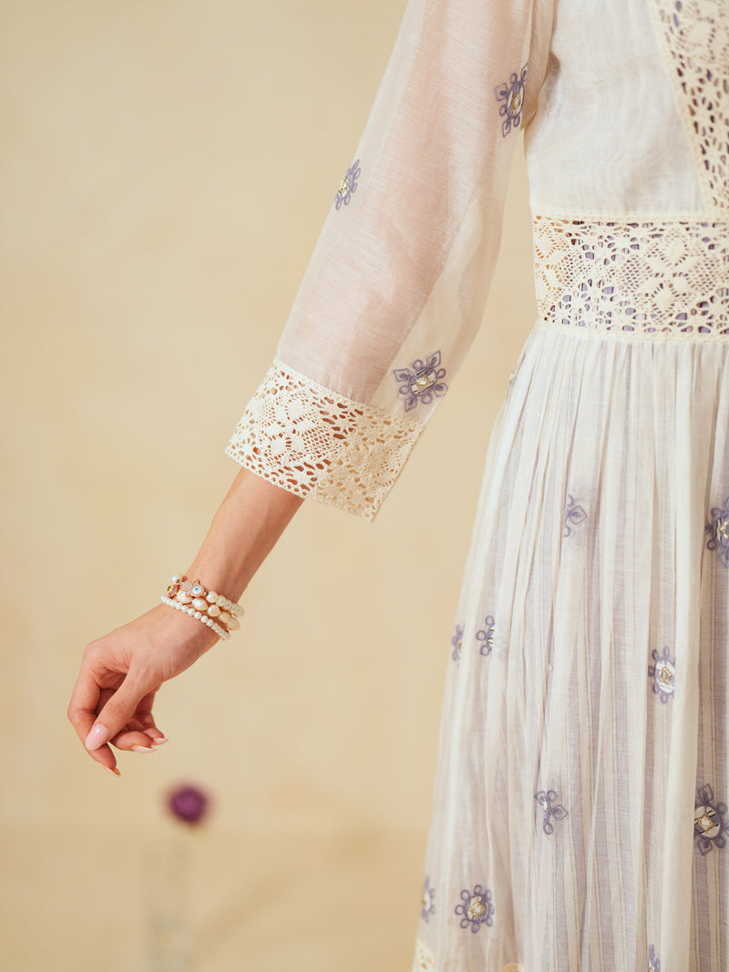 LAVENDER AND OFF-WHITE COTTON CHANDERI V-NECK TIERED LONG DRESS