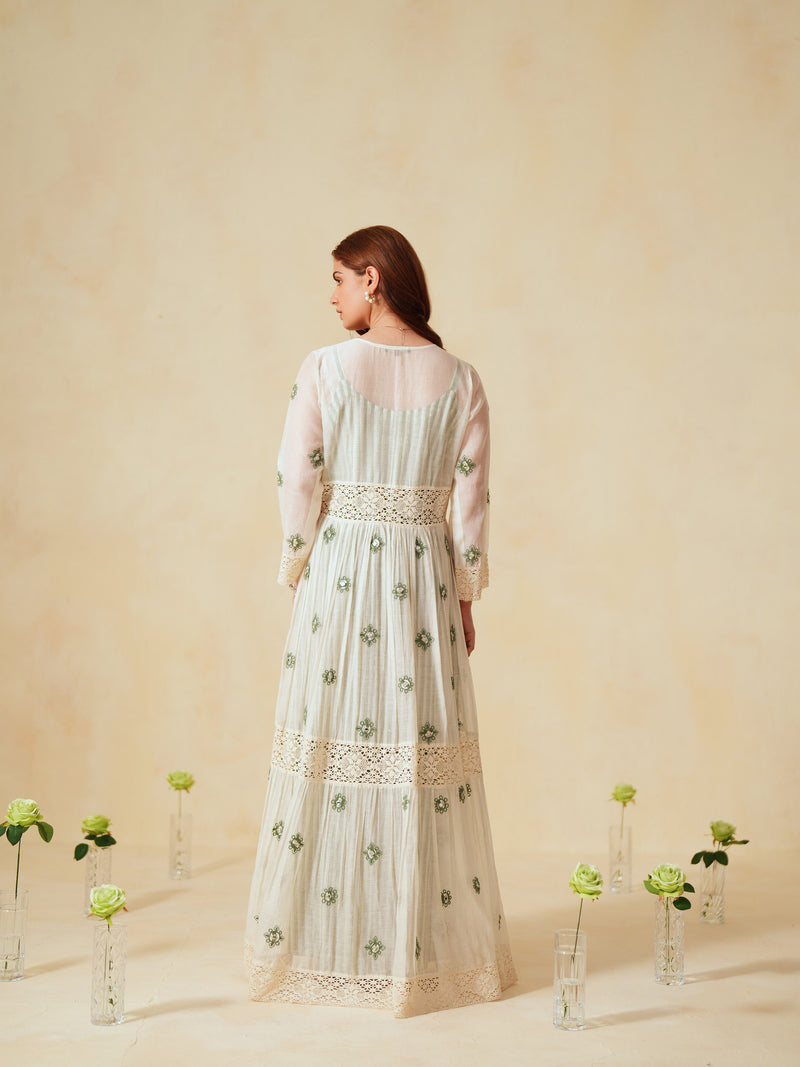 GREEN AND OFF-WHITE COTTON CHANDERI V-NECK TIERED LONG DRESS