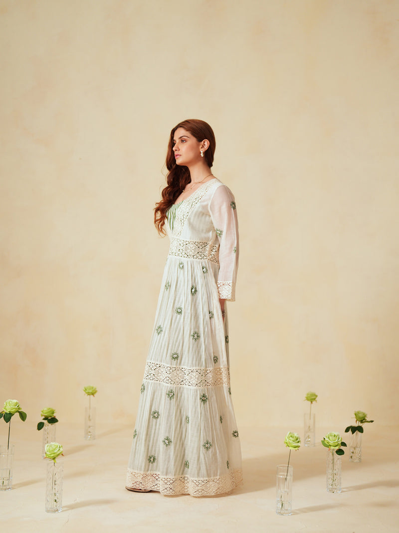 GREEN AND OFF-WHITE COTTON CHANDERI V-NECK TIERED LONG DRESS