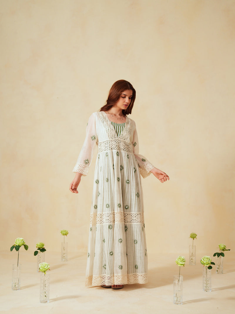 GREEN AND OFF-WHITE COTTON CHANDERI V-NECK TIERED LONG DRESS