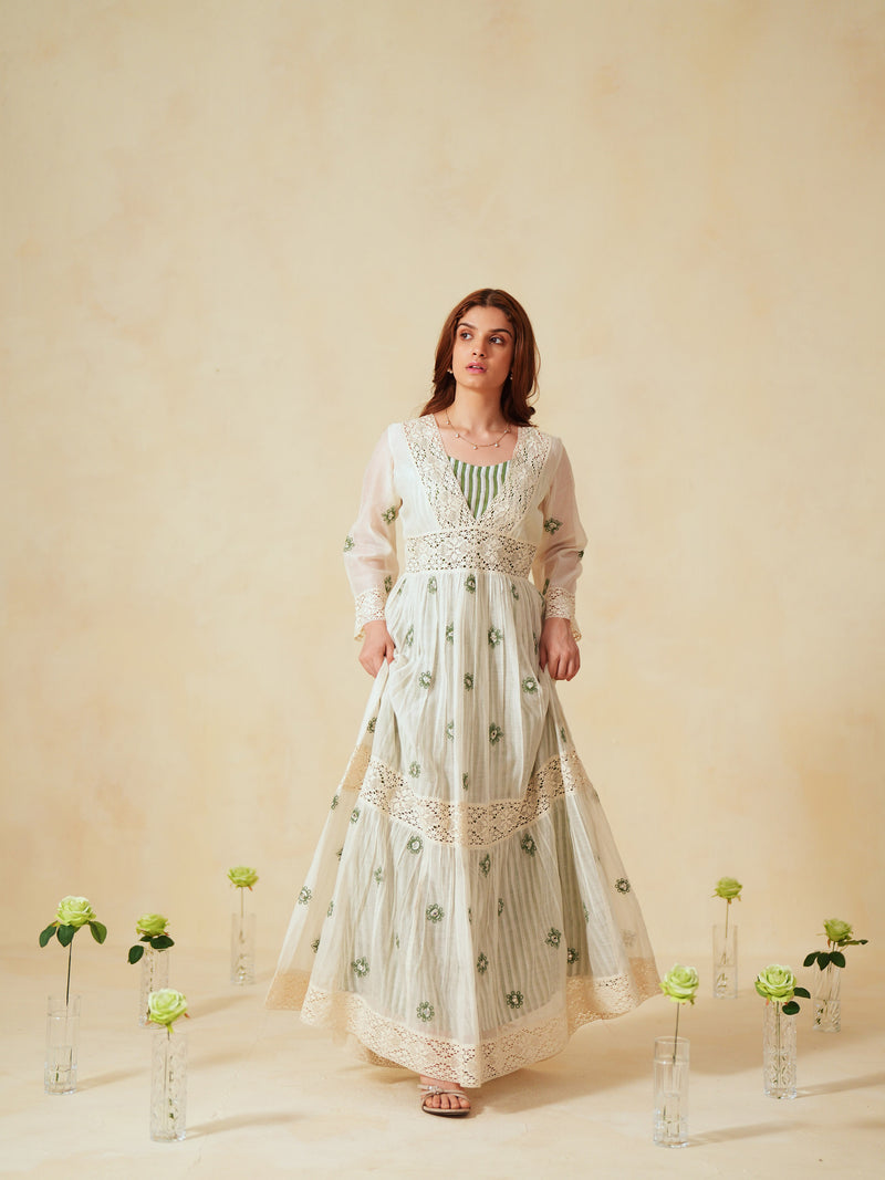 GREEN AND OFF-WHITE COTTON CHANDERI V-NECK TIERED LONG DRESS