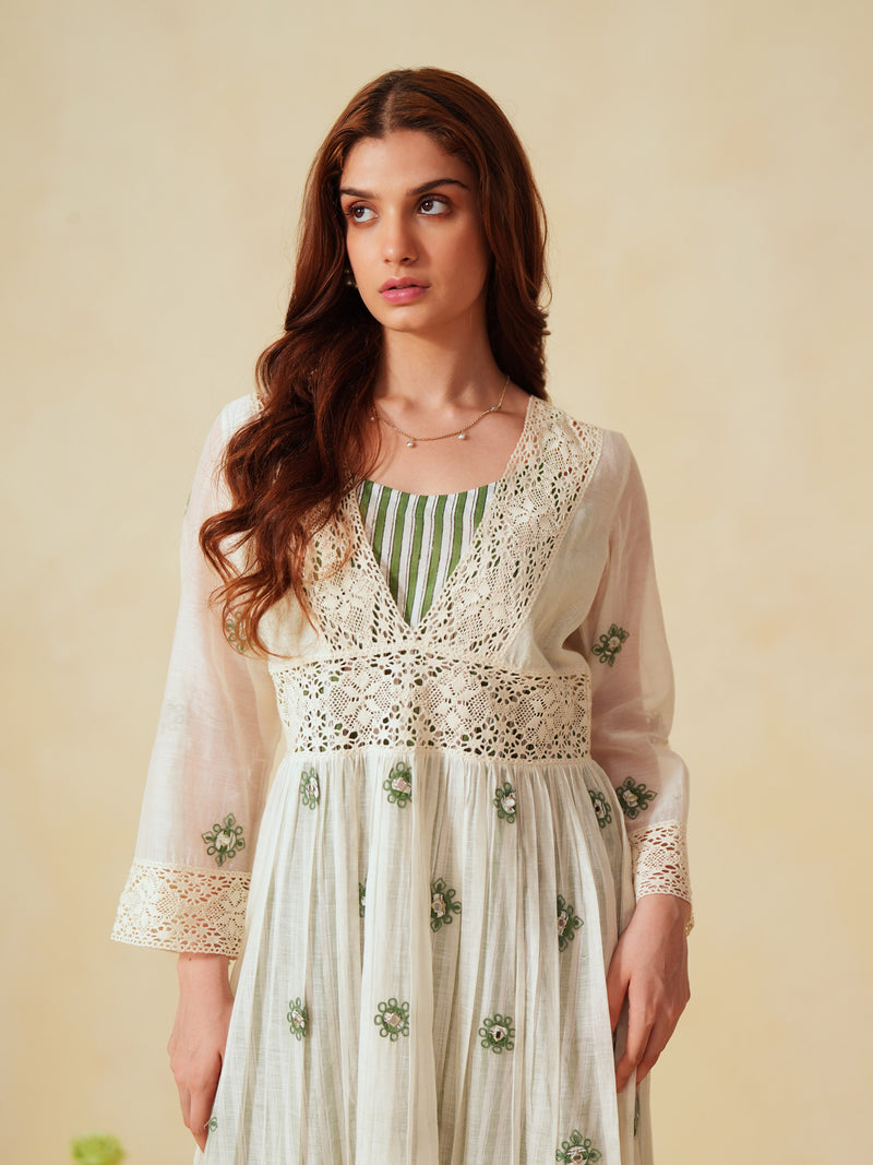 GREEN AND OFF-WHITE COTTON CHANDERI V-NECK TIERED LONG DRESS