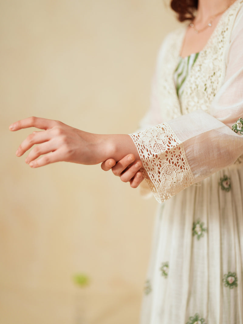 GREEN AND OFF-WHITE COTTON CHANDERI V-NECK TIERED LONG DRESS