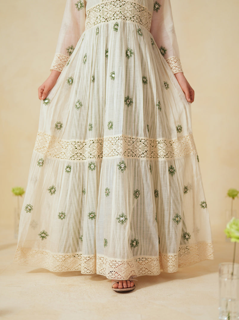 GREEN AND OFF-WHITE COTTON CHANDERI V-NECK TIERED LONG DRESS