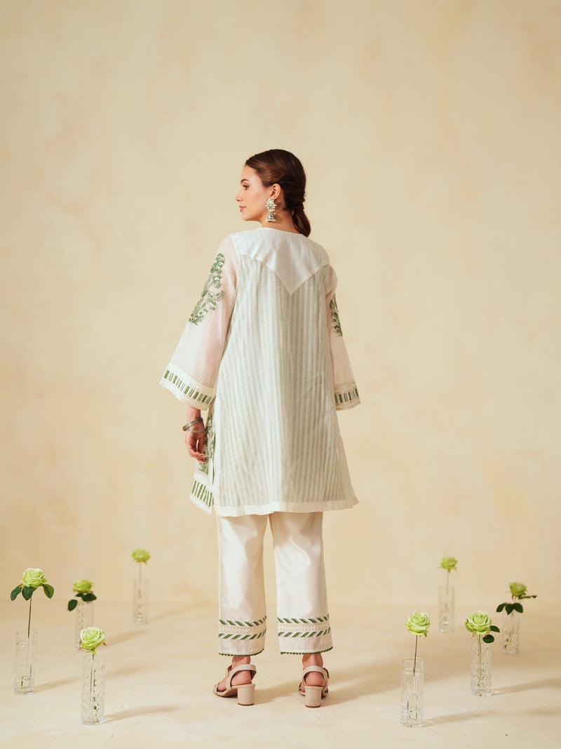 GREEN AND OFF-WHITE COTTON CHANDERI SHORT A-LINE KURTA WITH PANT