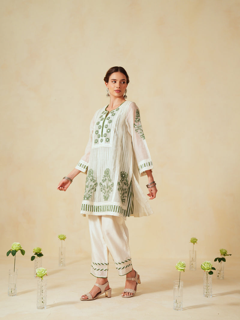 GREEN AND OFF-WHITE COTTON CHANDERI SHORT A-LINE KURTA WITH PANT
