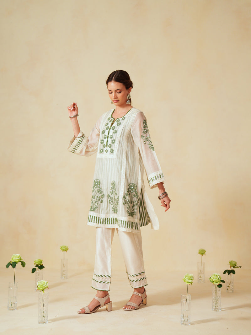 GREEN AND OFF-WHITE COTTON CHANDERI SHORT A-LINE KURTA WITH PANT