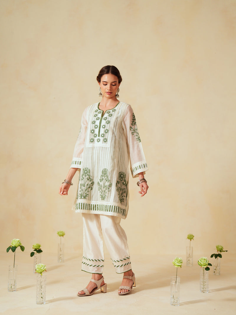GREEN AND OFF-WHITE COTTON CHANDERI SHORT A-LINE KURTA WITH PANT