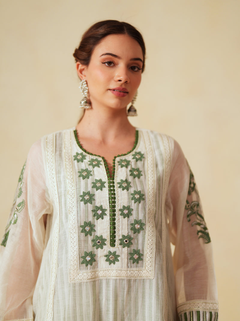 GREEN AND OFF-WHITE COTTON CHANDERI SHORT A-LINE KURTA WITH PANT