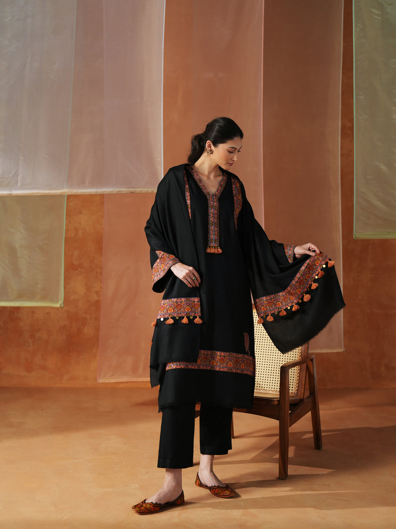 BLACK PASHMINA STRAIGHT KURTA WITH PANT AND STOLE