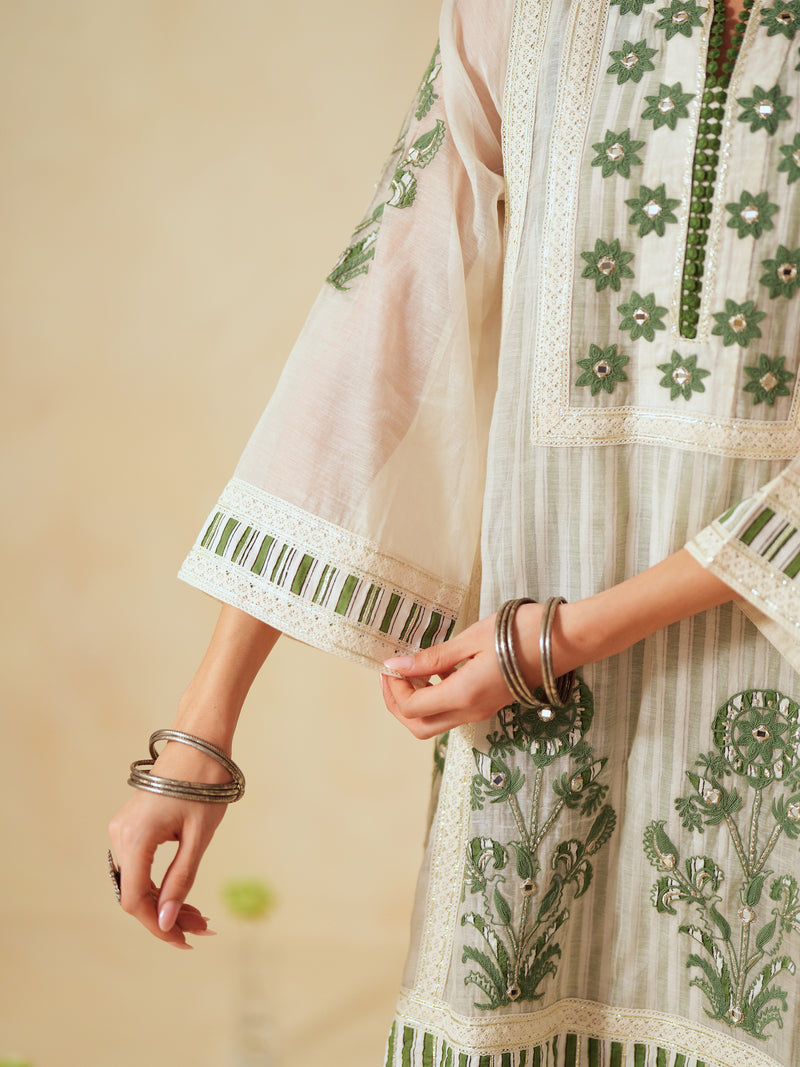 GREEN AND OFF-WHITE COTTON CHANDERI SHORT A-LINE KURTA WITH PANT
