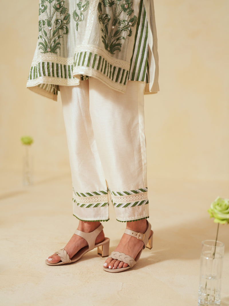 GREEN AND OFF-WHITE COTTON CHANDERI SHORT A-LINE KURTA WITH PANT