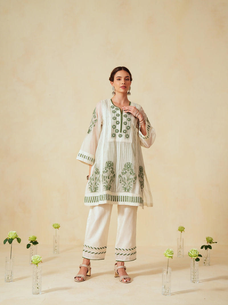 GREEN AND OFF-WHITE COTTON CHANDERI SHORT A-LINE KURTA WITH PANT