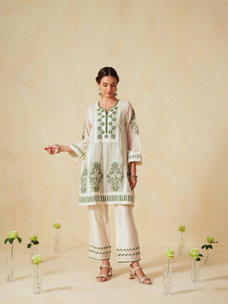 GREEN AND OFF-WHITE COTTON CHANDERI SHORT A-LINE KURTA WITH PANT