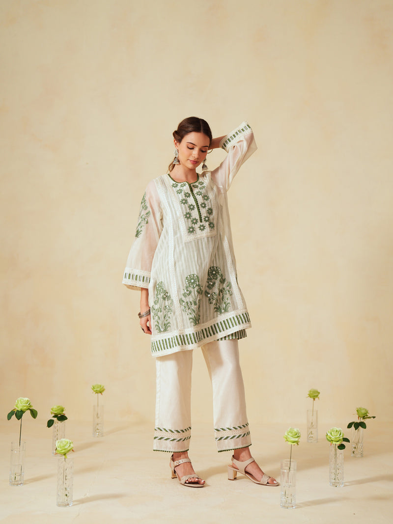 GREEN AND OFF-WHITE COTTON CHANDERI SHORT A-LINE KURTA WITH PANT
