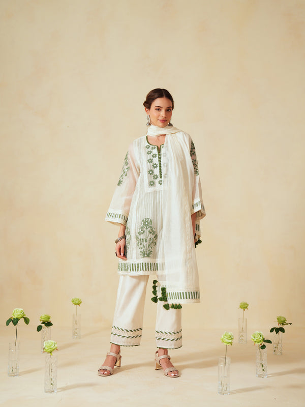GREEN AND OFF-WHITE COTTON CHANDERI SHORT A-LINE KURTA WITH PANT