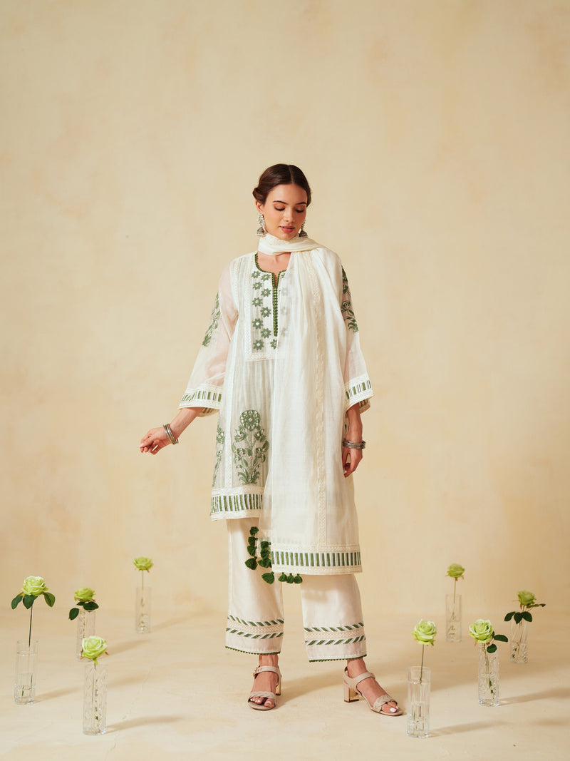 GREEN AND OFF-WHITE COTTON CHANDERI SHORT A-LINE KURTA WITH PANT