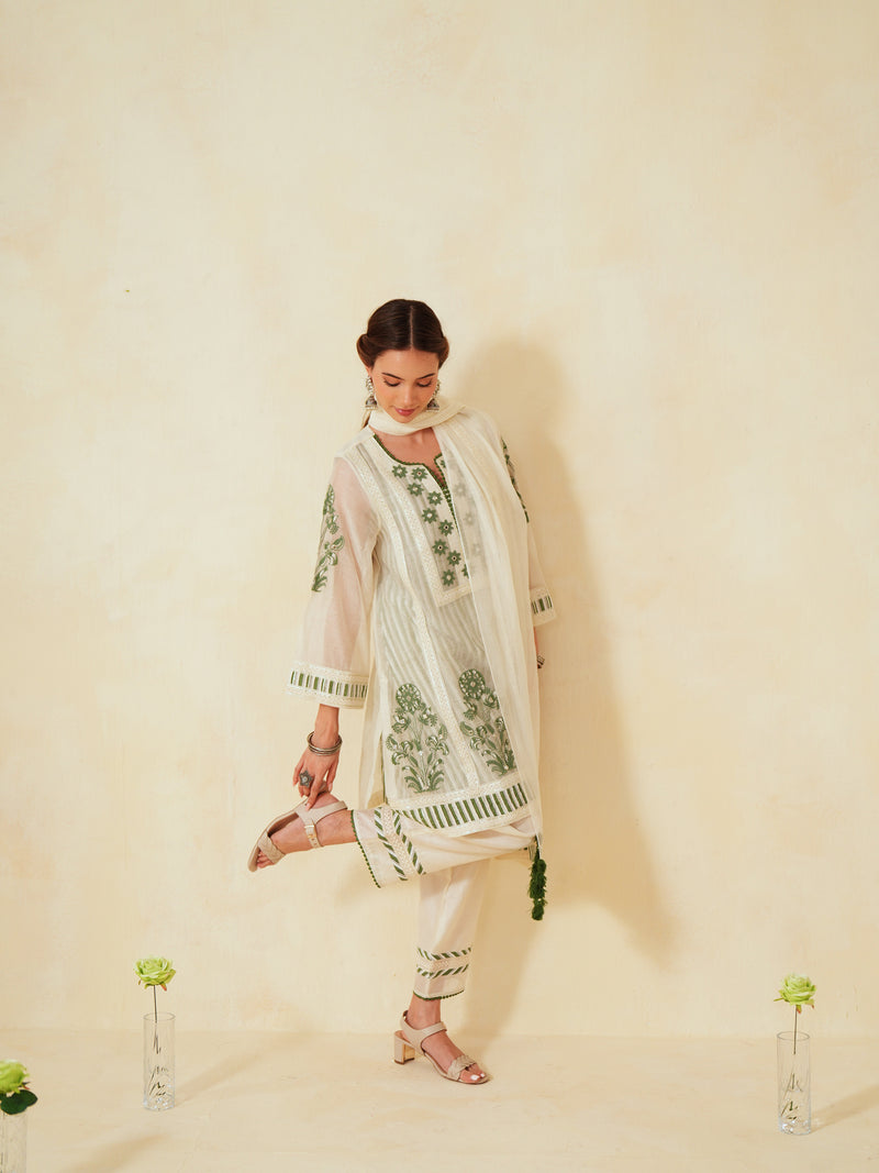 GREEN AND OFF-WHITE COTTON CHANDERI SHORT A-LINE KURTA WITH PANT