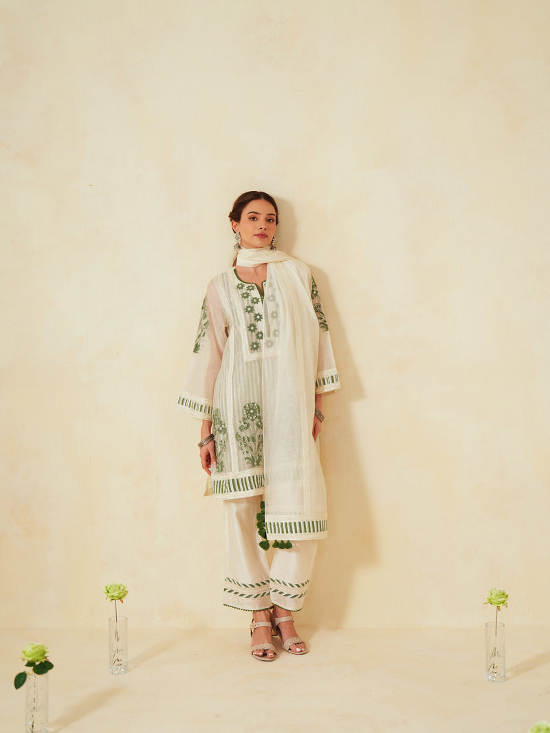 GREEN AND OFF-WHITE COTTON CHANDERI SHORT A-LINE KURTA WITH PANT