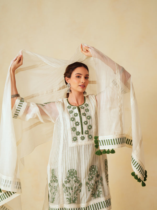 GREEN AND OFF-WHITE COTTON CHANDERI SHORT A-LINE KURTA WITH PANT