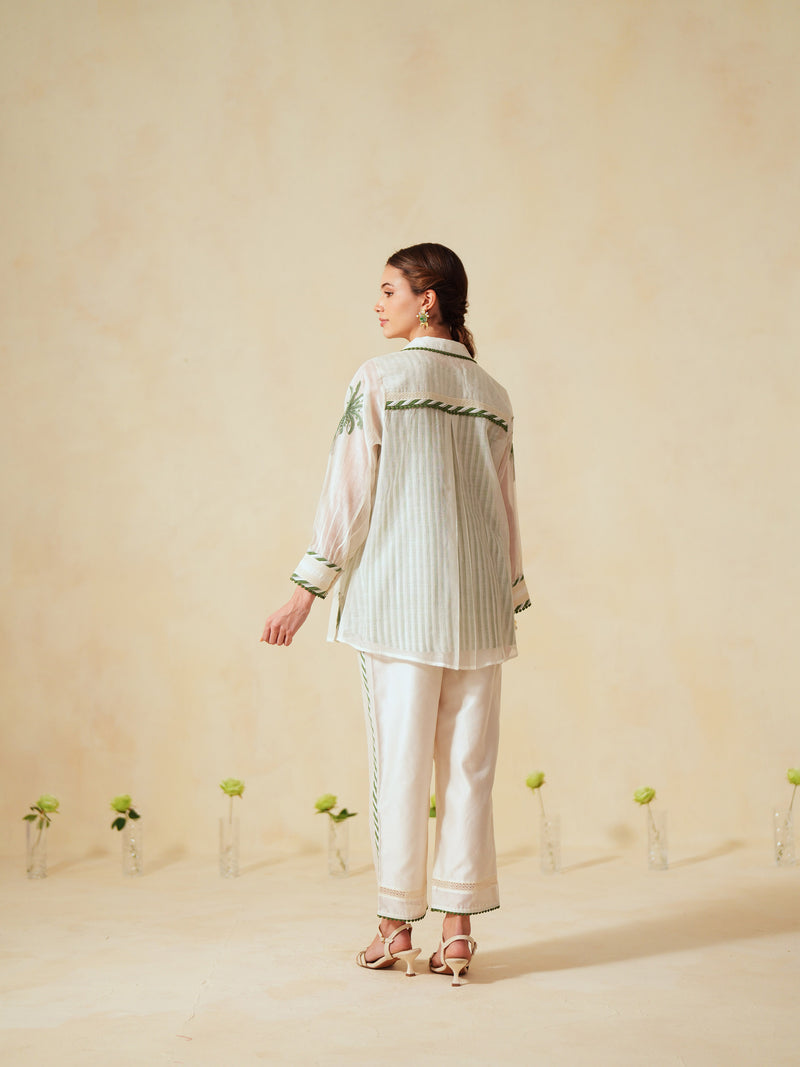 GREEN AND OFF-WHITE COTTON CHANDERI EMBROIDERED SHIRT AND PANT CO-ORD SET -