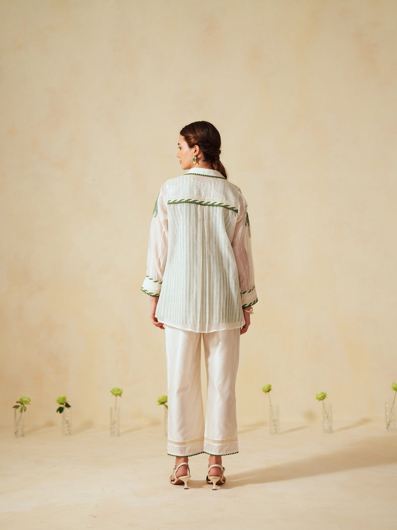 GREEN AND OFF-WHITE COTTON CHANDERI EMBROIDERED SHIRT AND PANT CO-ORD SET -