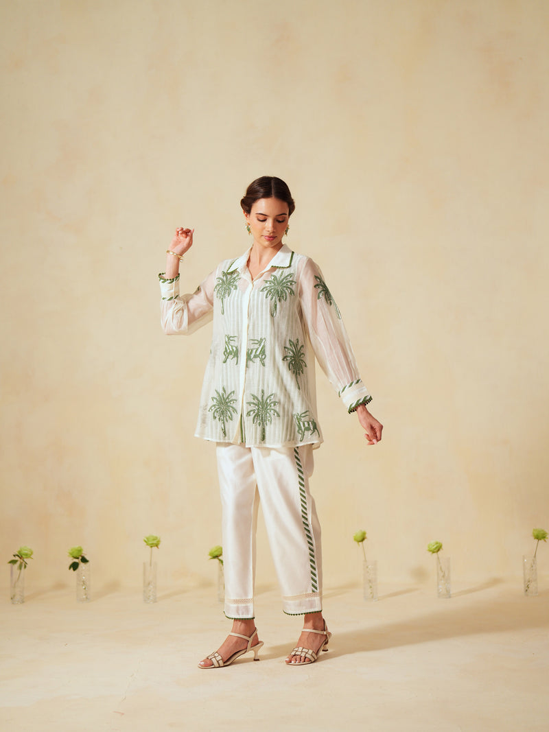 GREEN AND OFF-WHITE COTTON CHANDERI EMBROIDERED SHIRT AND PANT CO-ORD SET -