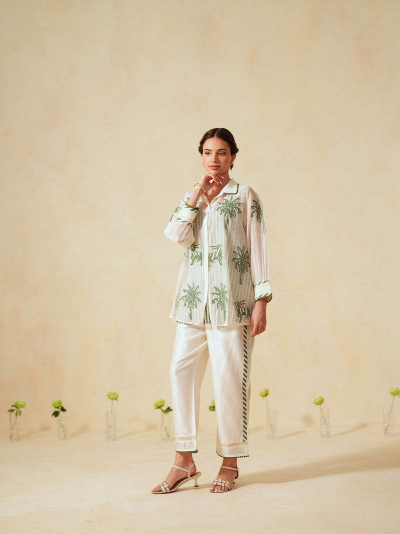 GREEN AND OFF-WHITE COTTON CHANDERI EMBROIDERED SHIRT AND PANT CO-ORD SET -