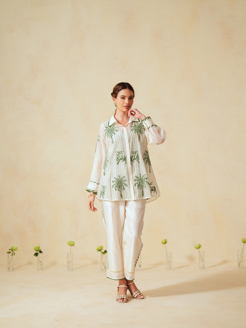 GREEN AND OFF-WHITE COTTON CHANDERI EMBROIDERED SHIRT AND PANT CO-ORD SET -