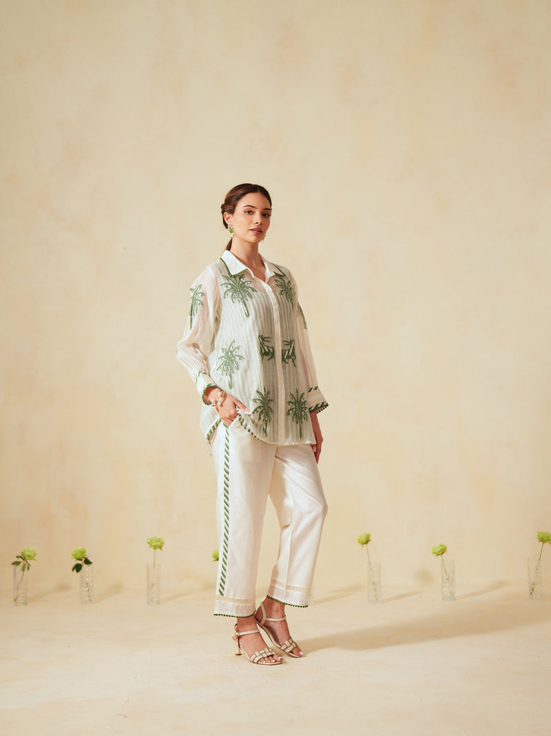 GREEN AND OFF-WHITE COTTON CHANDERI EMBROIDERED SHIRT AND PANT CO-ORD SET -