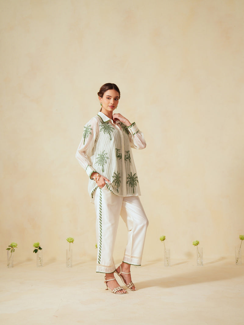 GREEN AND OFF-WHITE COTTON CHANDERI EMBROIDERED SHIRT AND PANT CO-ORD SET -