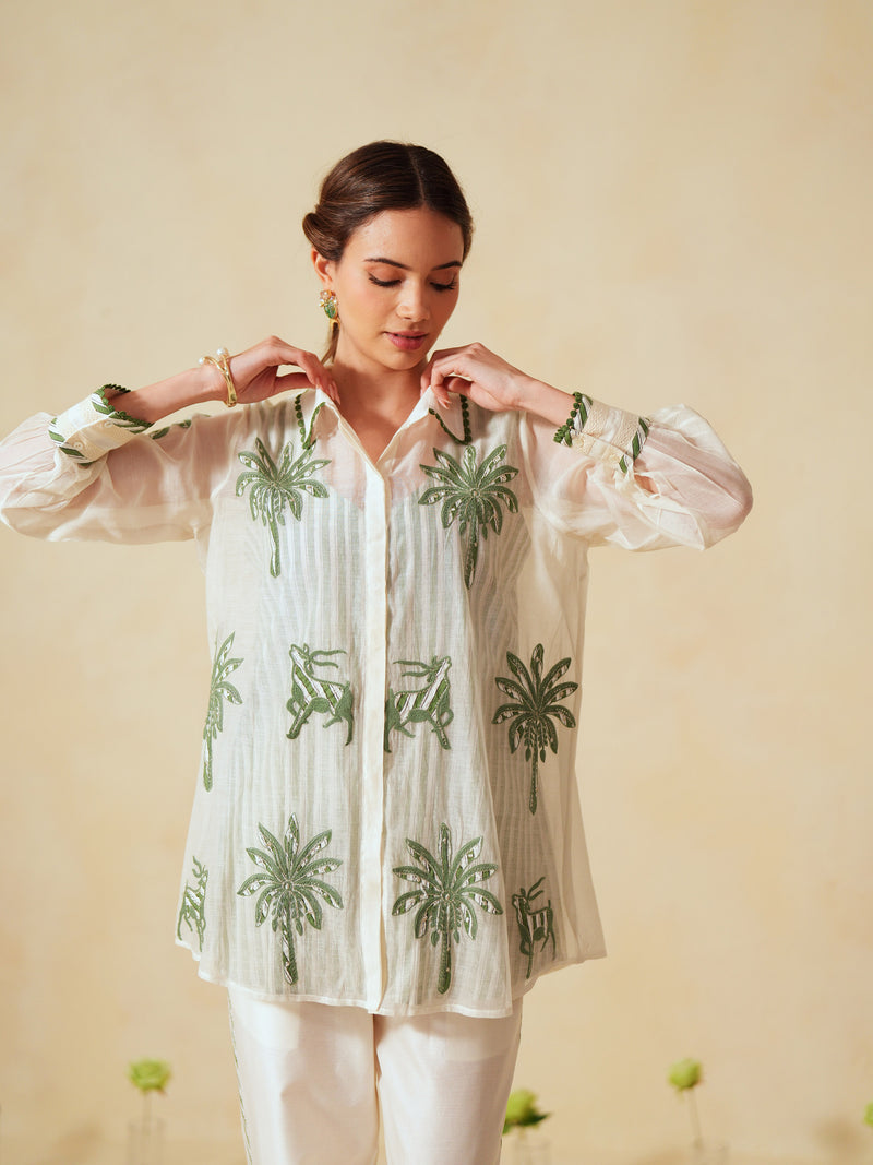 GREEN AND OFF-WHITE COTTON CHANDERI EMBROIDERED SHIRT AND PANT CO-ORD SET -