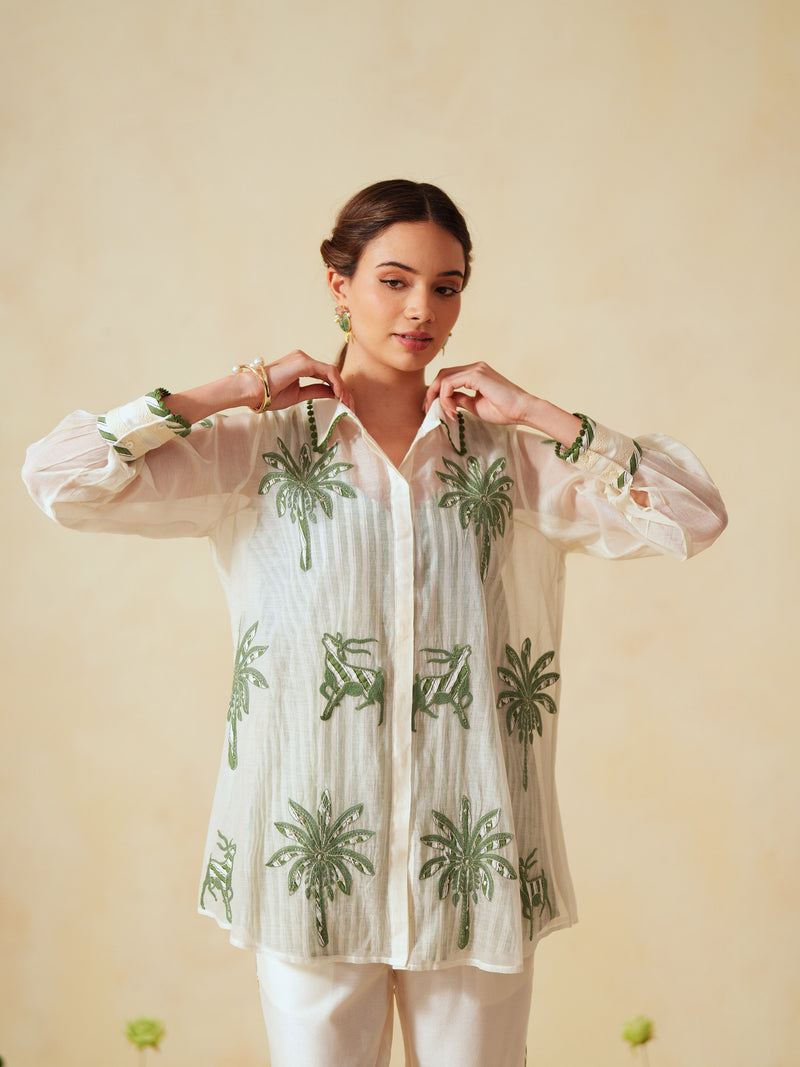 GREEN AND OFF-WHITE COTTON CHANDERI EMBROIDERED SHIRT AND PANT CO-ORD SET -