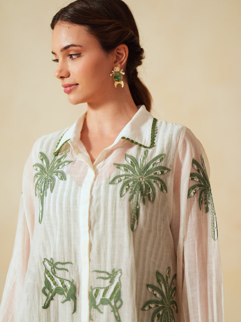 GREEN AND OFF-WHITE COTTON CHANDERI EMBROIDERED SHIRT AND PANT CO-ORD SET -