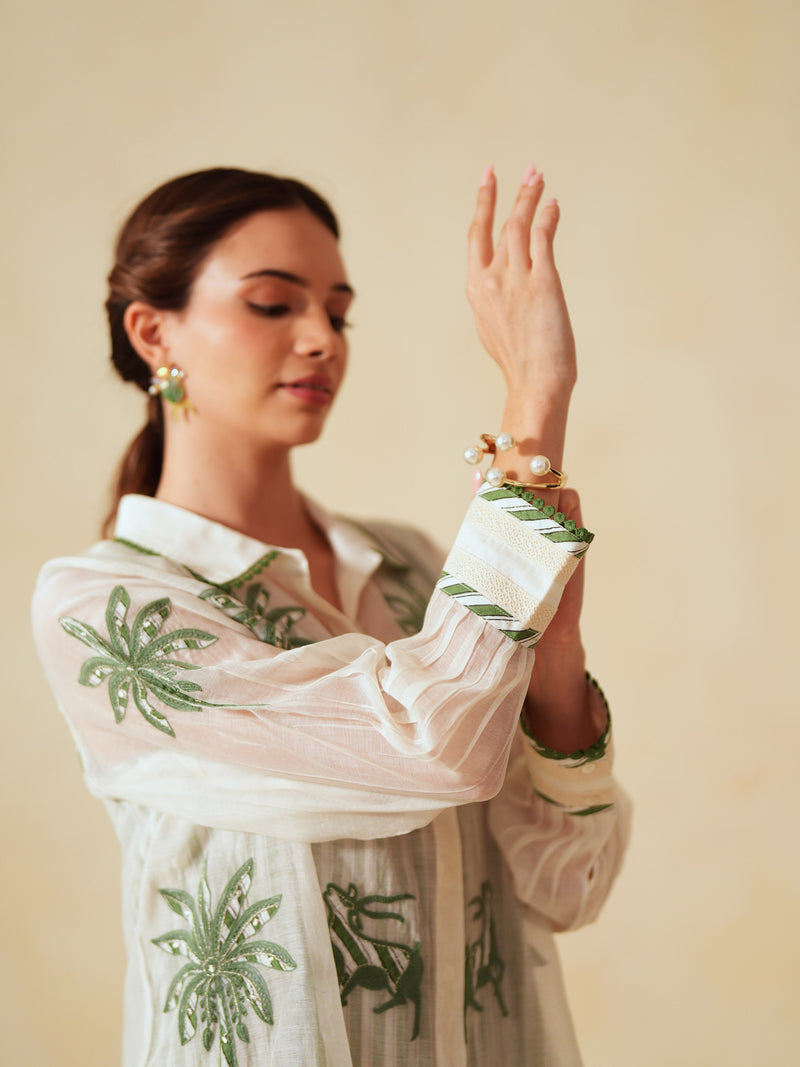 GREEN AND OFF-WHITE COTTON CHANDERI EMBROIDERED SHIRT AND PANT CO-ORD SET -