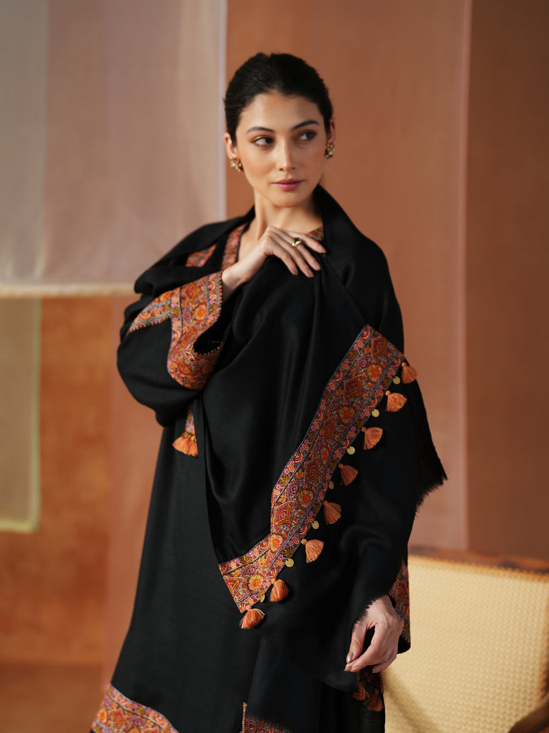 BLACK PASHMINA STRAIGHT KURTA WITH PANT AND STOLE