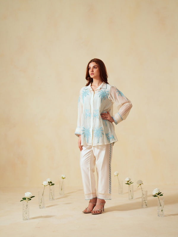 SKY BLUE AND OFF-WHITE COTTON CHANDERI EMBROIDERED SHIRT AND PANT CO-ORD SET