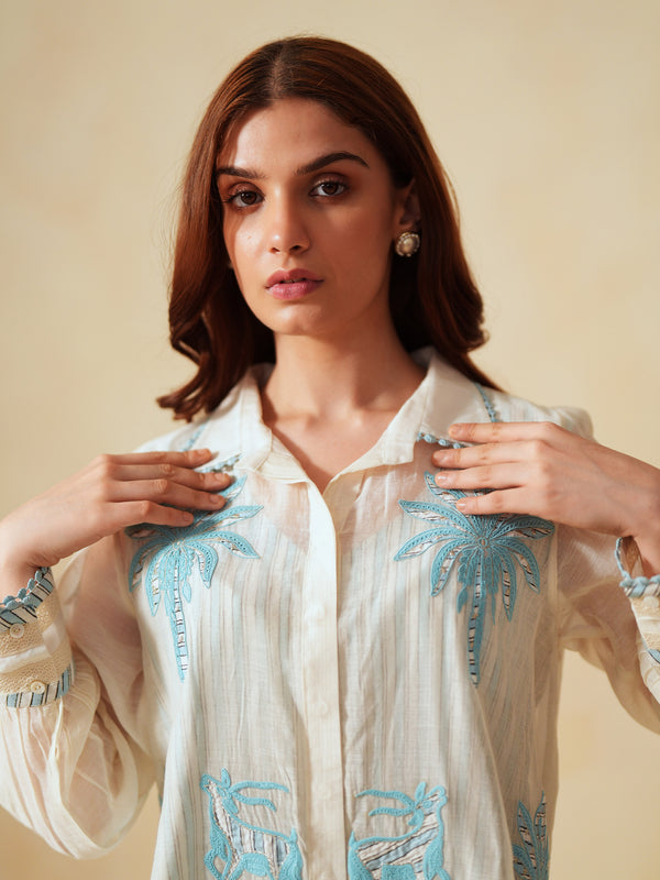 SKY BLUE AND OFF-WHITE COTTON CHANDERI EMBROIDERED SHIRT AND PANT CO-ORD SET