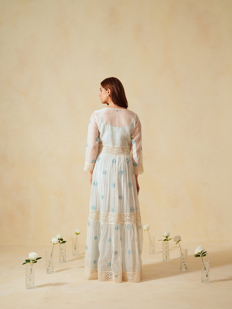 SKY BLUE AND OFF-WHITE COTTON CHANDERI V-NECK TIERED LONG DRESS