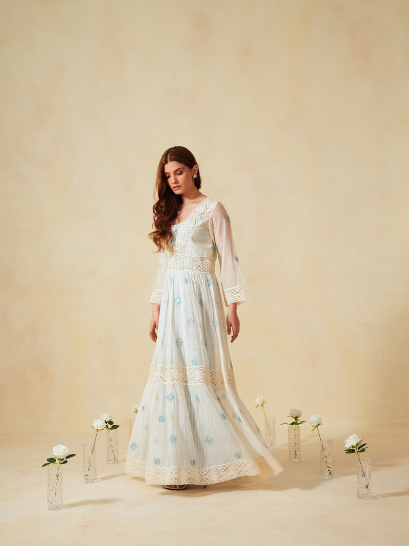 SKY BLUE AND OFF-WHITE COTTON CHANDERI V-NECK TIERED LONG DRESS