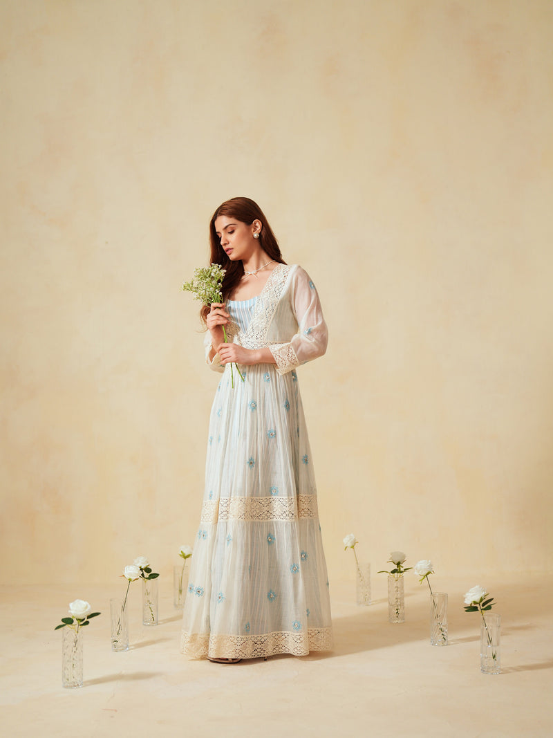 SKY BLUE AND OFF-WHITE COTTON CHANDERI V-NECK TIERED LONG DRESS