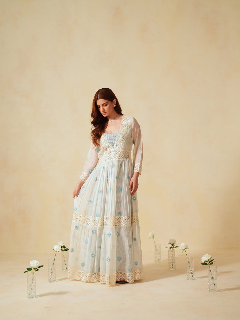 SKY BLUE AND OFF-WHITE COTTON CHANDERI V-NECK TIERED LONG DRESS