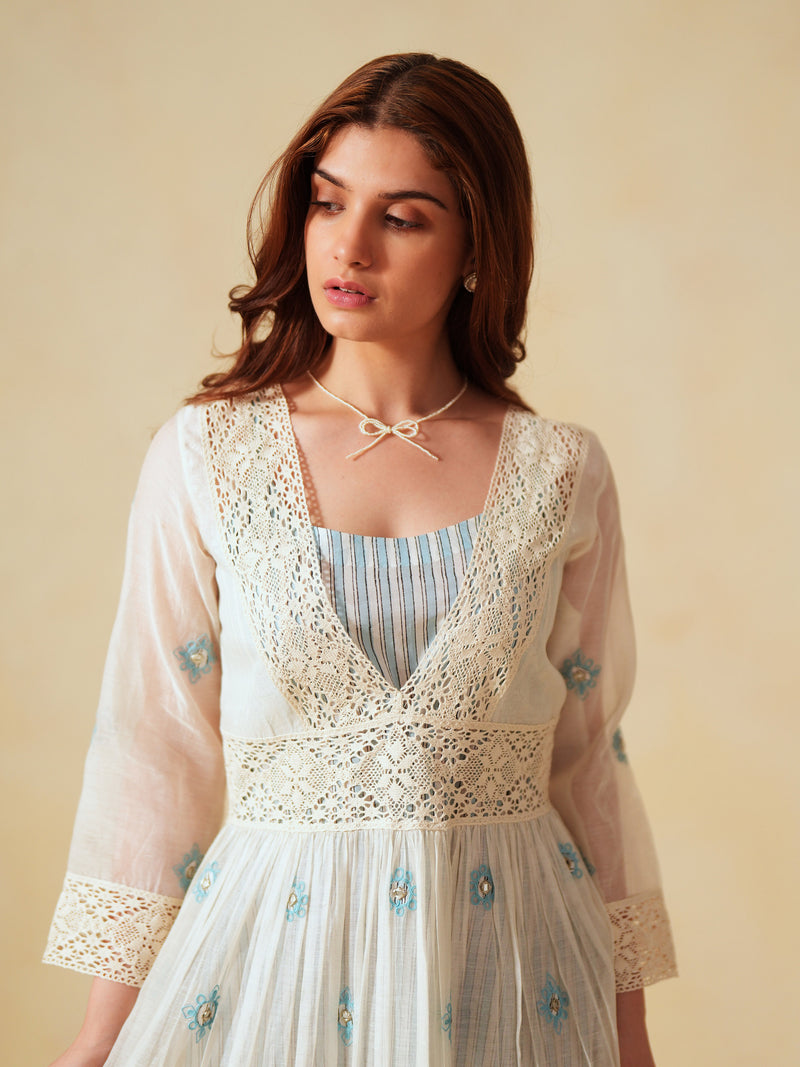 SKY BLUE AND OFF-WHITE COTTON CHANDERI V-NECK TIERED LONG DRESS