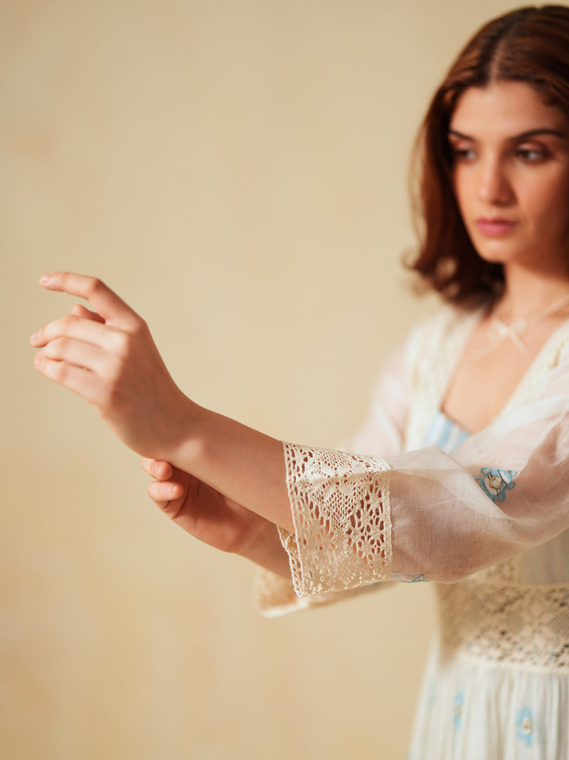 SKY BLUE AND OFF-WHITE COTTON CHANDERI V-NECK TIERED LONG DRESS
