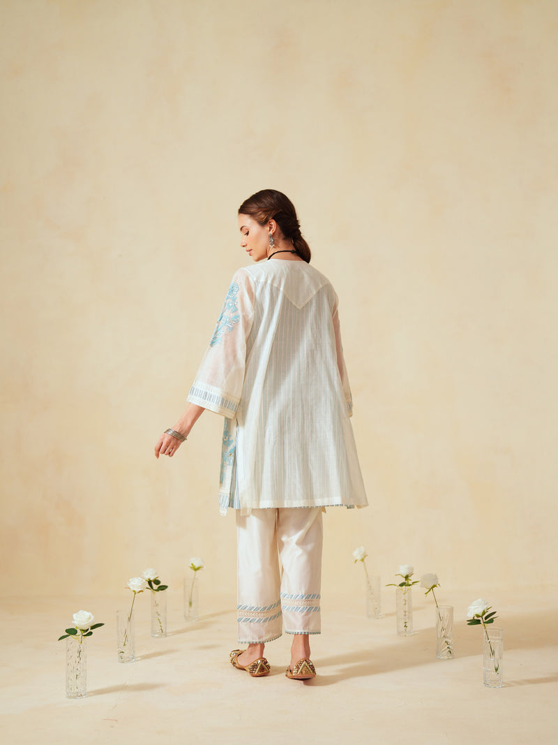 SKY BLUE AND OFF-WHITE COTTON CHANDERI SHORT A-LINE KURTA WITH PANT