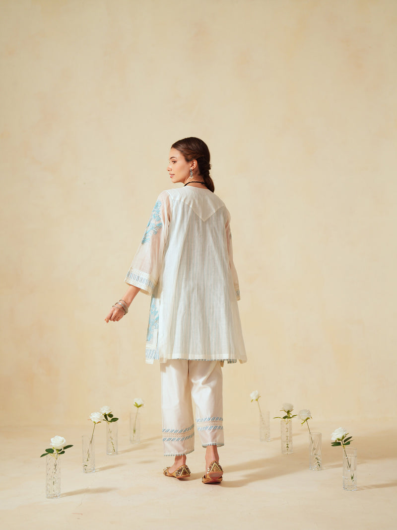 SKY BLUE AND OFF-WHITE COTTON CHANDERI SHORT A-LINE KURTA WITH PANT