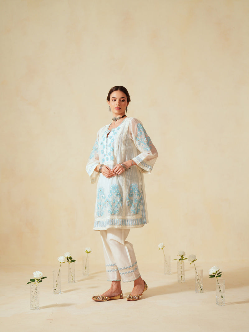 SKY BLUE AND OFF-WHITE COTTON CHANDERI SHORT A-LINE KURTA WITH PANT