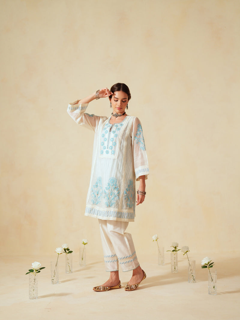 SKY BLUE AND OFF-WHITE COTTON CHANDERI SHORT A-LINE KURTA WITH PANT